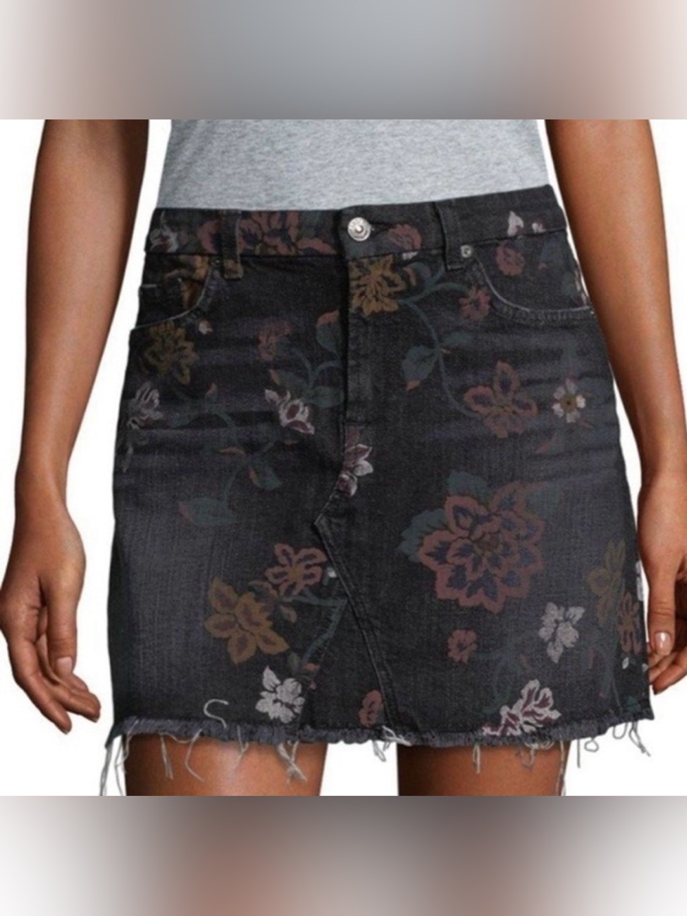 7 For All Mankind Black Floral Raw-Hem romantic Denim Skirt